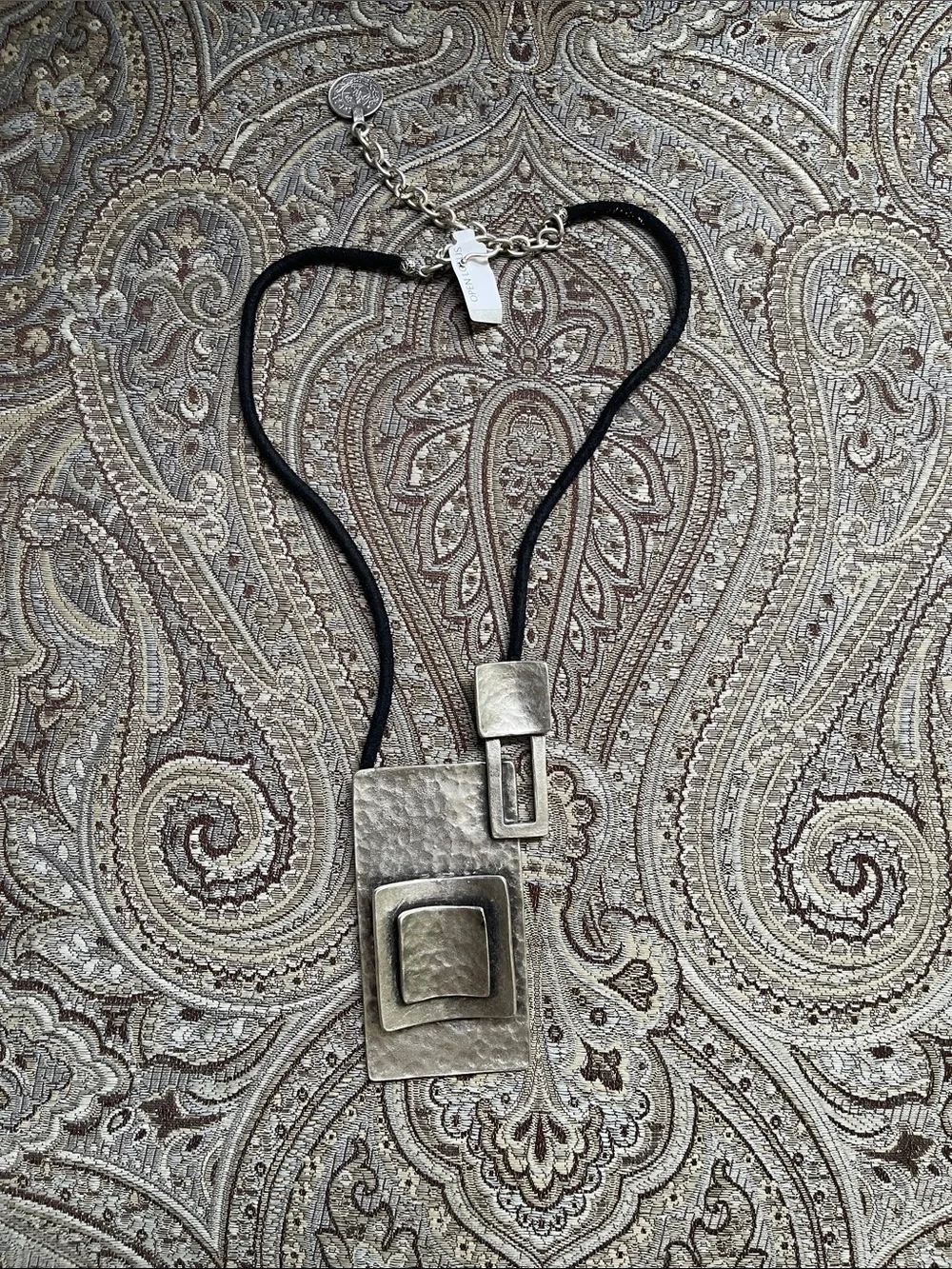 Contemporary Black Cord Necklace with Hammered Silver Plated Pendant